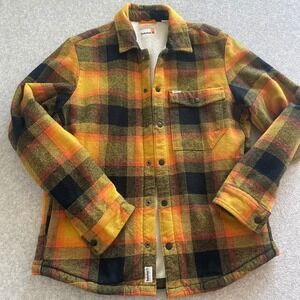 Timberland Mens Sherpa Lined Flannel Shirt Jacket Orange Yellow Plaid Small